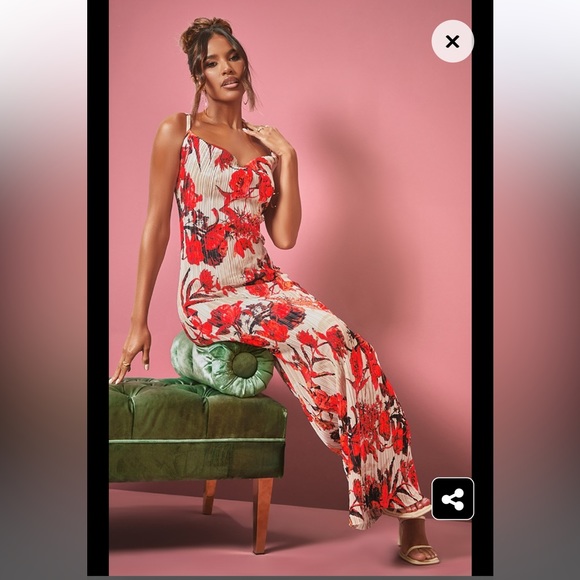 PrettyLittleThing Dresses & Skirts - NWT Nude Floral Print Plisse Strappy Maxi Dress